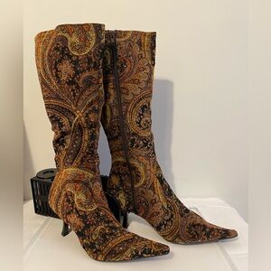 DIBA, Multicolor Paisley Heeled Fashion Boots in Brown and Gold, NWOT, Size 10